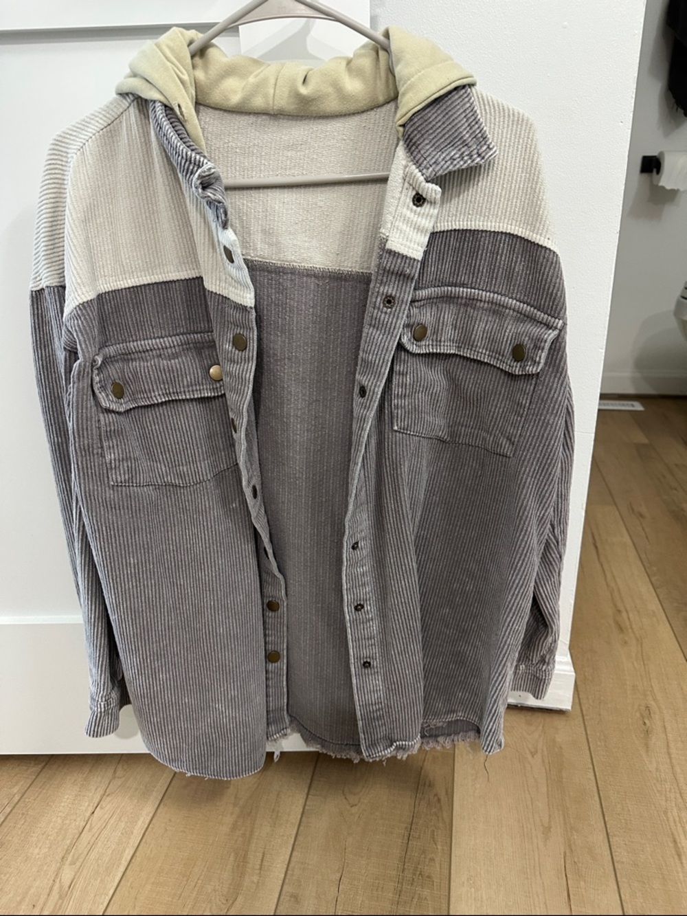 Corduroy Hooded Shacket in Light Gray and Cream
